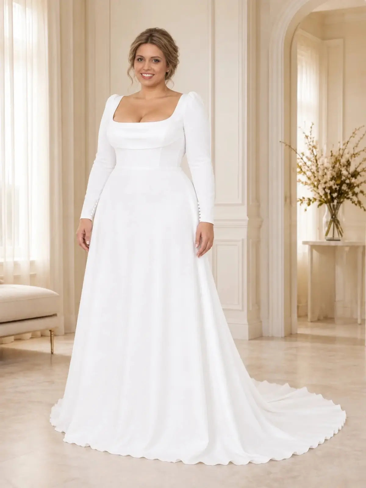 Stretch Crepe Wedding Dress with Long Sleeves