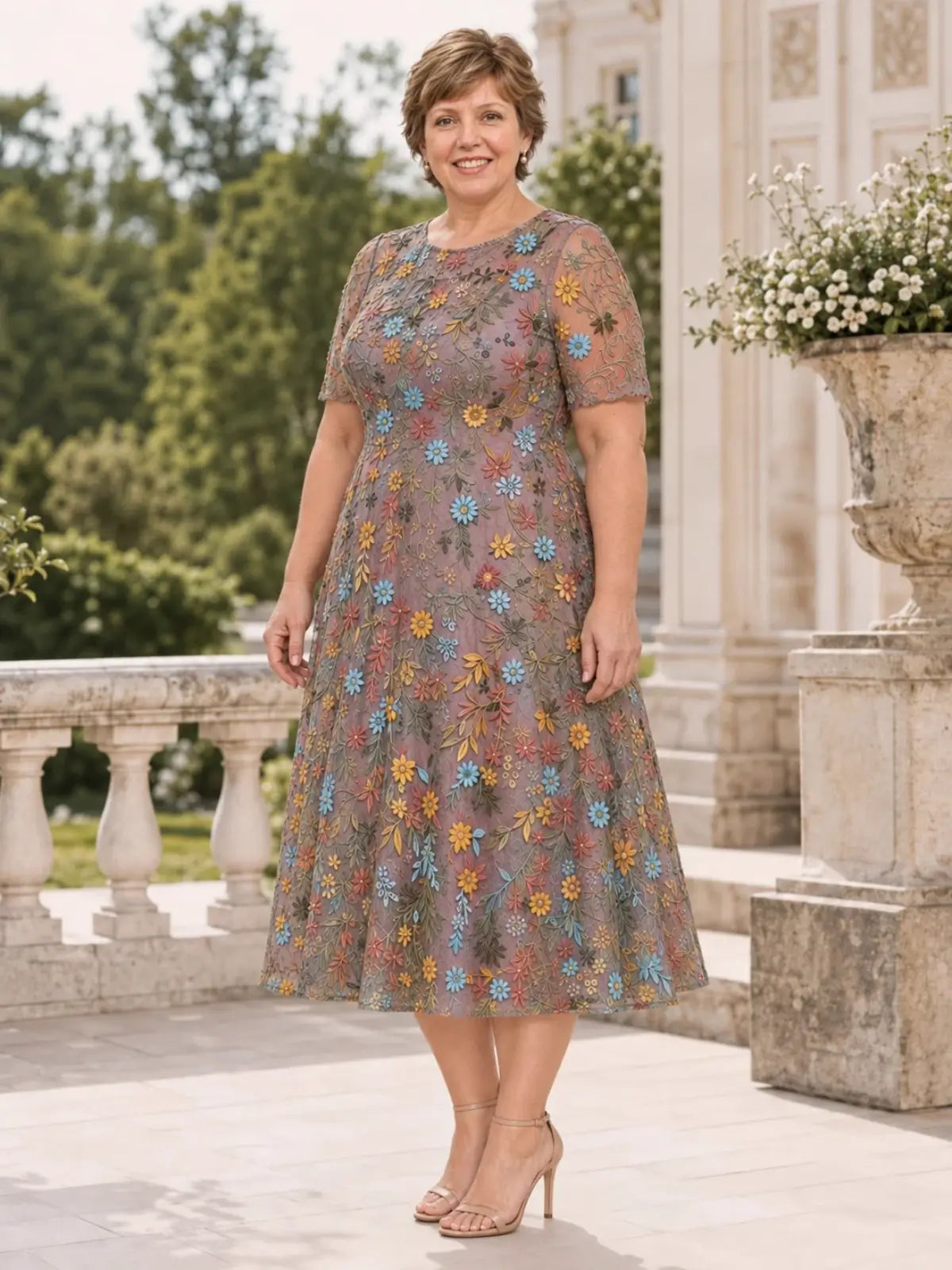 Boat Neck Mother of the Bride Dress with Half Sleeves
