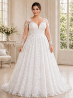 Elegant V-Neck Wedding Dress with Long Sleeves