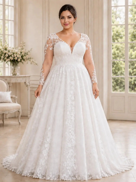 Elegant V-Neck Wedding Dress with Long Sleeves
