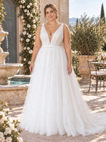 V-Neck Wedding Dress with Pearl Embellished