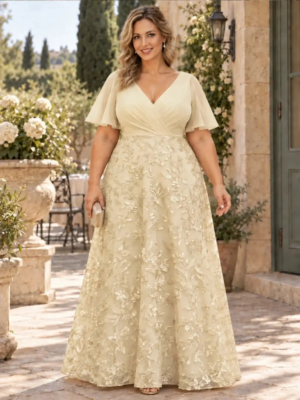 Surplice Neck Mother of the Bride Dress with Ruched Bodice