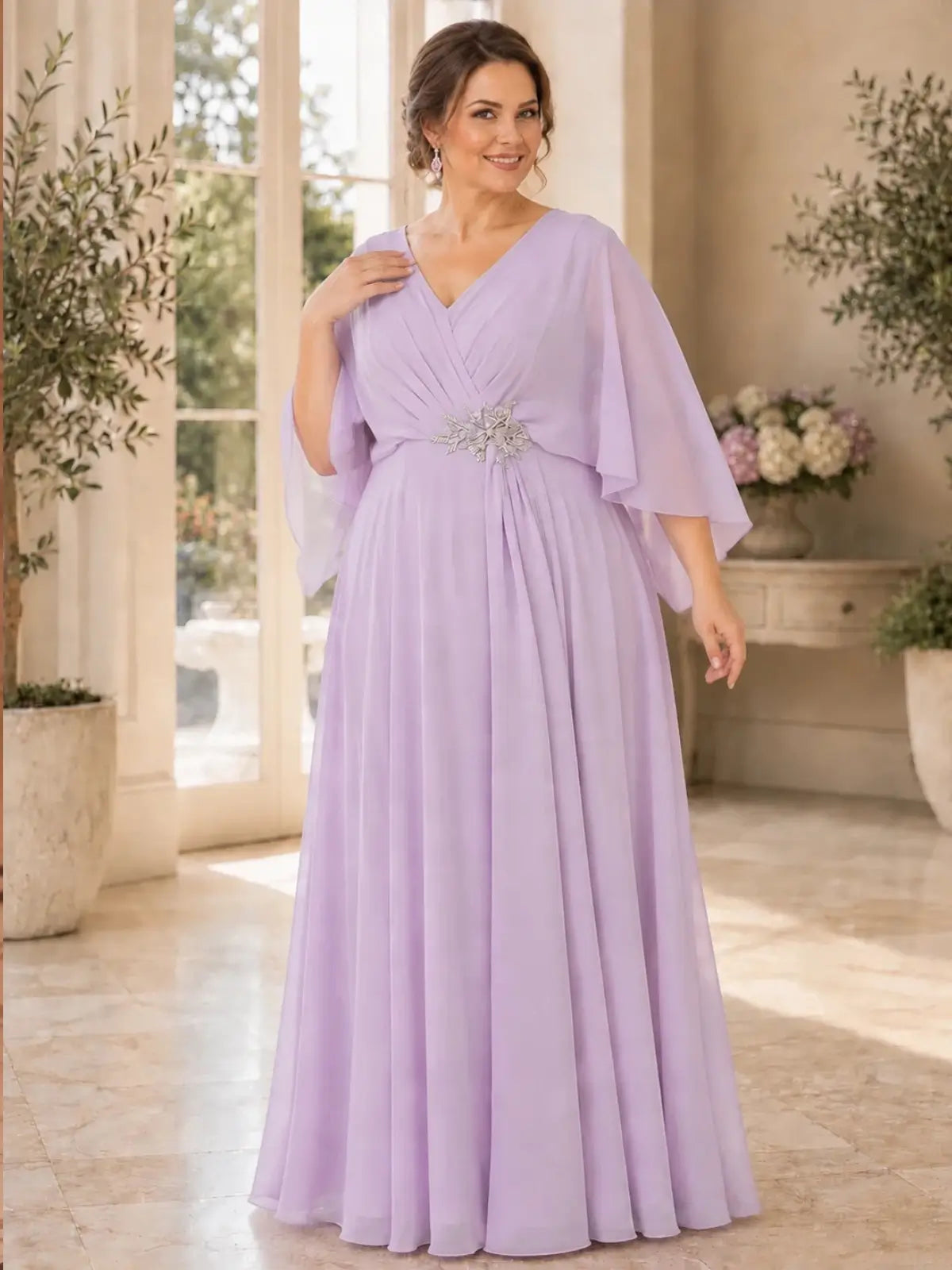 Surplice Neckline Mother of the Bride Dress in Chiffon Fabric